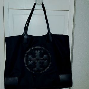 Tory Burch Large Black Tote Bag, Large TB logo good condition with leather accen